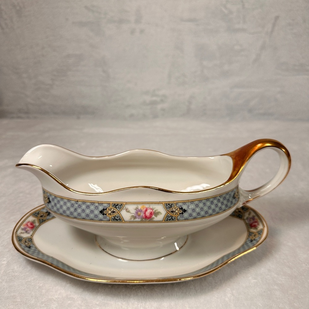 CT Altwasser Silesia Germany 2241 Gravy Boat Underplate Blue Gold Band Pink Rose